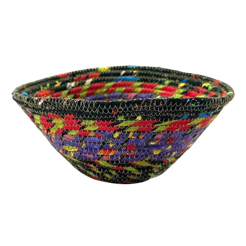 Handmade Coiled Fabric Bowl Bird Center Quilted Textile Basket 7” Colorful Decor